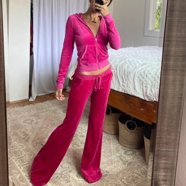 Voguable Two Piece Set Velvet Tracksuit Hooded Jacket and Sweatpants Outfits Y2K Aesthetic Slim Tops Fairy Grunge