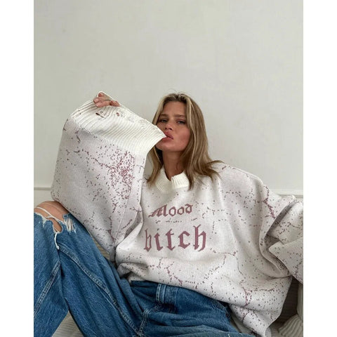 Sweater  and Winter Hollow Out Casual Loose Round Neck Printed Pullover Y2k Knit Tops for Women