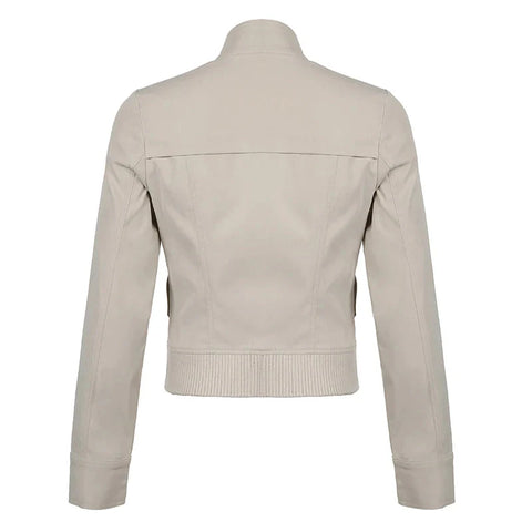 Patchwork Zip-up Cropped Jacket y2k Streetwear Full Sleeve Turtleneck Pockets Coat for Vintage 2000s Clothing Basic