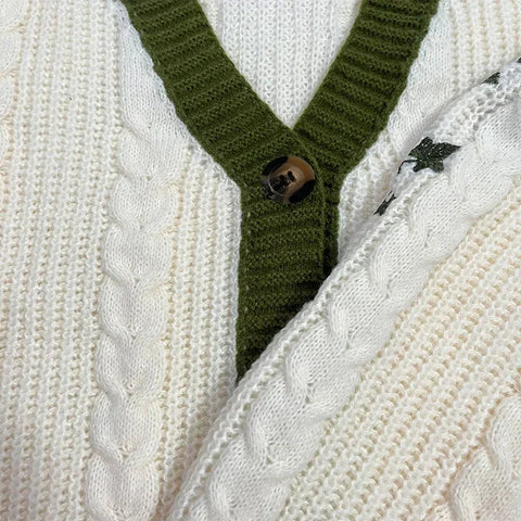 Cute Lantern Sleeve Knitted Cardigan Warm Embroidery Sweater Casual V-neck Single Breasted Sweater Coat Y2k