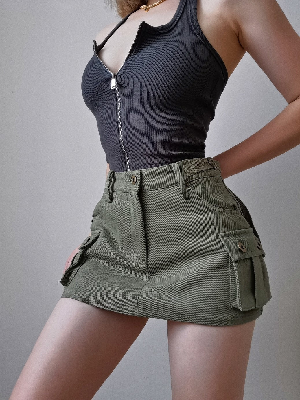 Low Waist Mini Skirt Y2K Aesthetic 2000s Vintage A-line Wild Pockets Ultrashort Clubwear Cargo Skirts with Shorts
