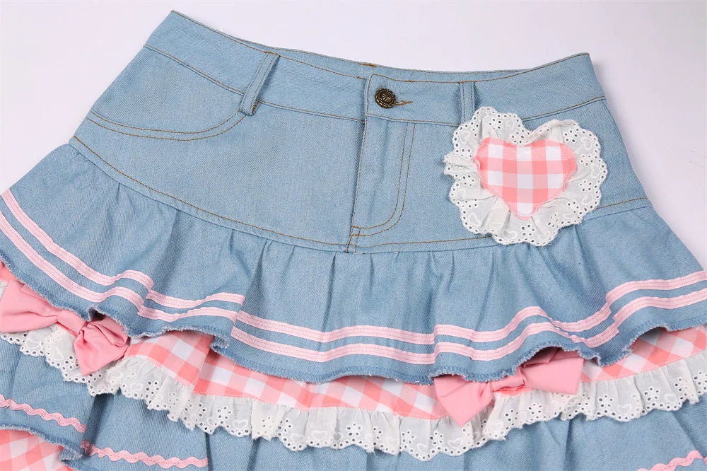 Y2k Kawaii Denim Skirt Mini Party Sweet Ball Gown Aesthetic High Waist Skirts 4 Layer Ruffle Cake Skirts E Girls Skater
