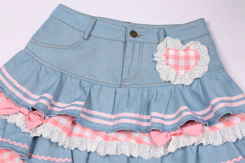 Y2k Kawaii Denim Skirt Mini Party Sweet Ball Gown Aesthetic High Waist Skirts 4 Layer Ruffle Cake Skirts E Girls Skater