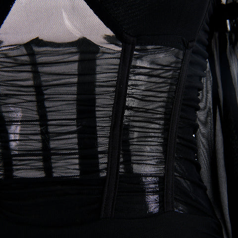 Voguable  Spaghetti Strap Long Lantern Sleeves Ruched Mini Dresses Woman Y2k Mesh Vintage Dress Club Party Vestidos