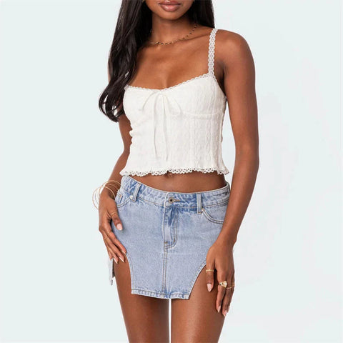 Lace Trim Tank Top Solid Color Spaghetti Strap Sleeveless Camisole with Bow y2k Aesthetic Clothes Clubwear