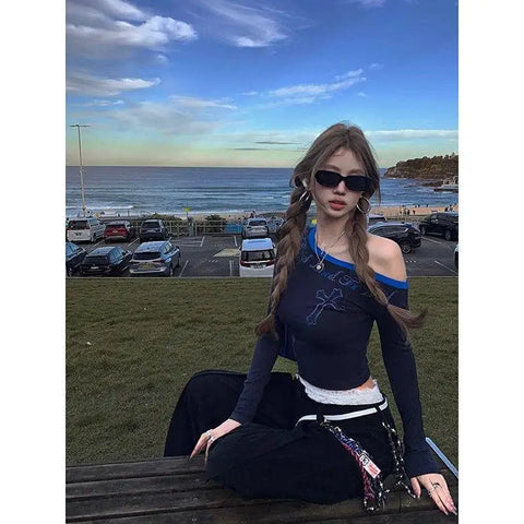 American Retro Patchwork Graphic T Shirts Woman Clothing One Shoulder Long Sleeve 2000s Clothes Y2k Tops