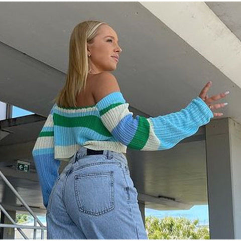 Voguable Knitted Y2K Clothes Crop Top Colored Striped Off The Shoulder T shirts Long Sleeve Trendy Short WoTops