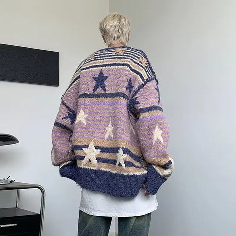 Voguable Y2K Star Sweater Harajuku Striped Knitted Pullovers Jumpers Tops Oversize Purple Winter Streetwear Hip Hop