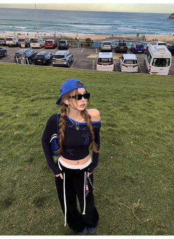 American Retro Patchwork Graphic T Shirts Woman Clothing One Shoulder Long Sleeve 2000s Clothes Y2k Tops