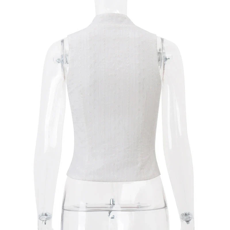 y2k Tank Top Clothes White Flower Embroidery Mock Neck Front Cutout Sleeveless T Shirt Vest Streetwear