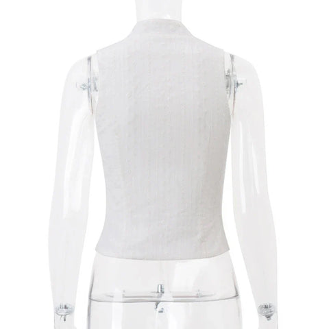 y2k Tank Top Clothes White Flower Embroidery Mock Neck Front Cutout Sleeveless T Shirt Vest Streetwear