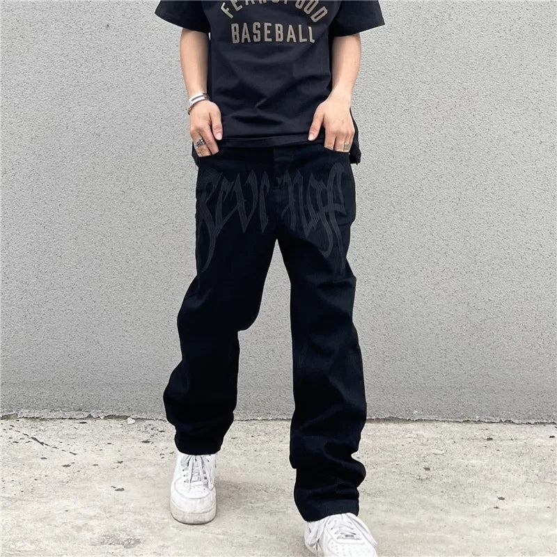 Y2K Black Baggy Jeans Streetwear American Retro Printed Letter Pants Straight Hip-hop Loose Denim Trousers