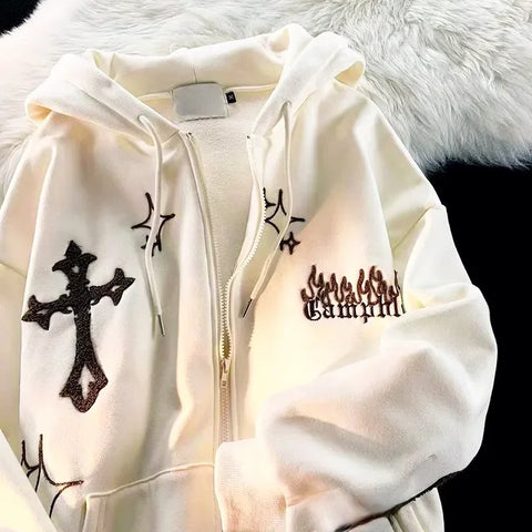 Y2K Letter Embroidered Hoodie Winter Vintage Zip Up Oversized Sweatshirt Harajuku Long Sleeve Hooded Jacket Clothes