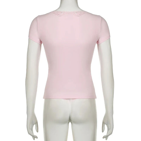 Voguable Kawaii Lace Patchwork V-neck Top Pink Casual Basic Short Sleeve T-shirts Sweet Japanese Style Y2K  Slim-fitting Tees