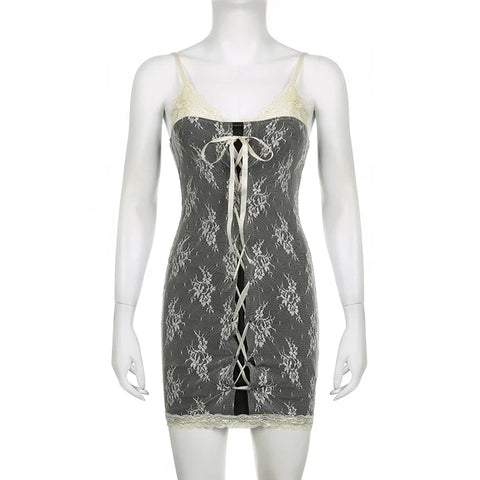 Voguable Chic Floral Crochet Lace Patchwork Mini Dress Elegant Sleeveless Bodycon Dresses Party Robe Coquette Y2K
