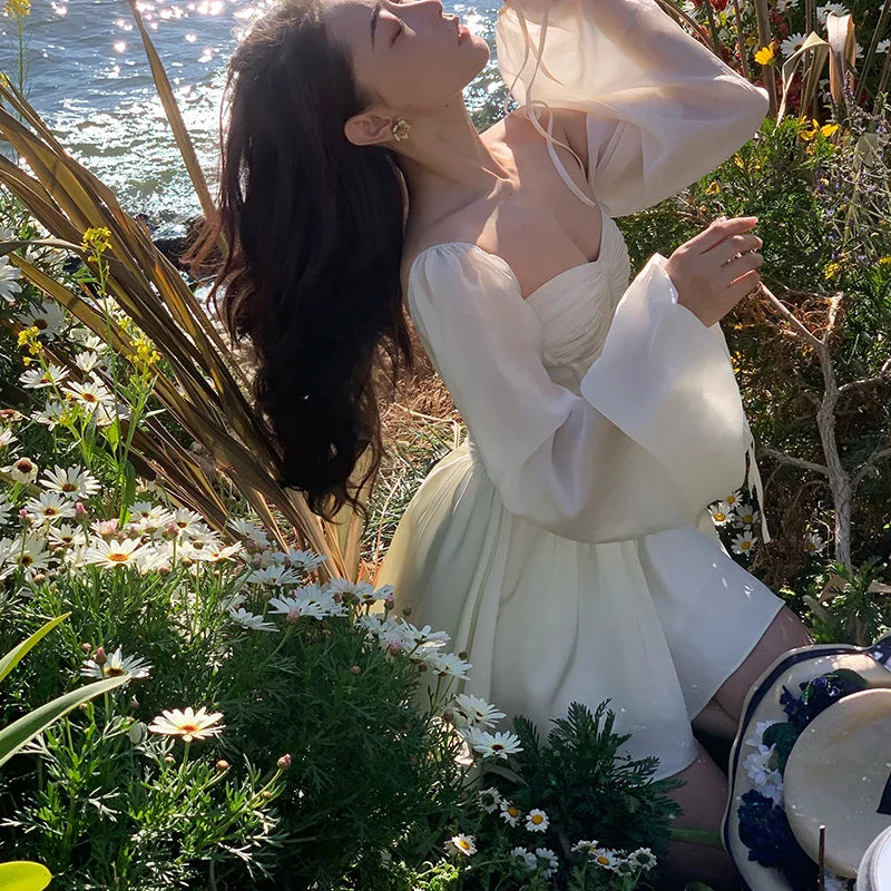 Voguable White Bubble Sleeve Dress Niche Design Pure Princess Skirt Girl Elegantes Party Prom Vintage Evening Y2k