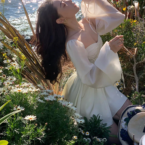 Voguable White Bubble Sleeve Dress Niche Design Pure Princess Skirt Girl Elegantes Party Prom Vintage Evening Y2k
