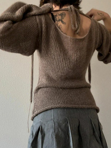 T-shirt Tie Back Sweaters Long Sleeve Boat Neck Solid Color Knit Pullover Casual Tops Streetwear Y2k Cami