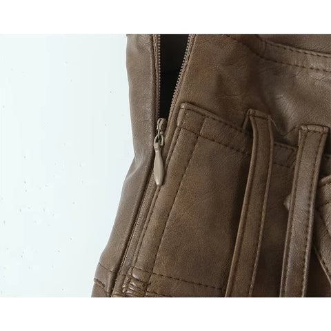 American Retro With Belt Pleated Mini Skirt Low Waist Brown Faux Leather Skirts Cool Girl PU Y2K saia