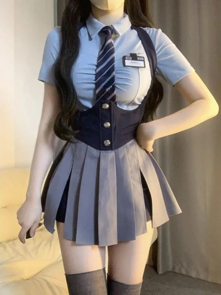 Voguable College Style JK Uniform Set Slim Shirt with Striped Tie Y2K Girls High Waist A- Line Pleated Skirt Suit