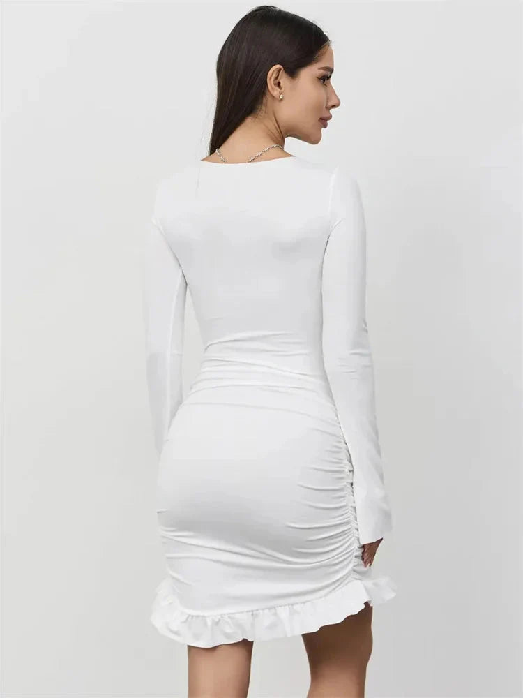 Ruffled Twist Skinny MIni Dress Long Sleeve Patchwork High Waist Party Dress FeY2k Bodycon Dress