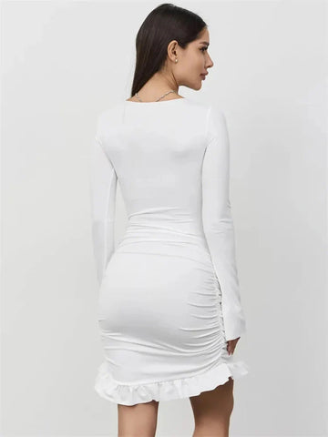 Ruffled Twist Skinny MIni Dress Long Sleeve Patchwork High Waist Party Dress FeY2k Bodycon Dress