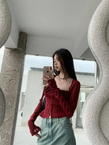 Voguable Burgundy Mesh Tops Long Sleeve Lace Up Square Collar T Shirt Crop Top Grunge Y2k  Chic Tops Streetwear