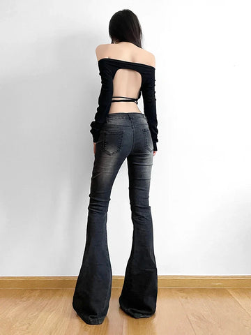 Voguable Vintage Skinny Flare Jeans Pant Low Rise y2k Aesthetic Streetwear Denim Trouser femme Boot Cut Pants Grunge