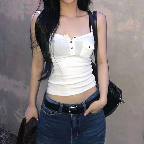 y2k Tops Solid Color Button Front Spaghetti Strap Sleeveless Camisole with Pocket Decor 2000s Vest Streetwear