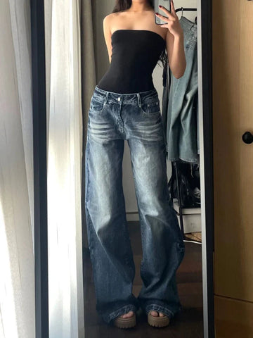 Voguable Y2k Vintage Wide Leg Jeans for Washed Casual High Waist Loose Denim Pants Streetwear Korean Straight Trousers