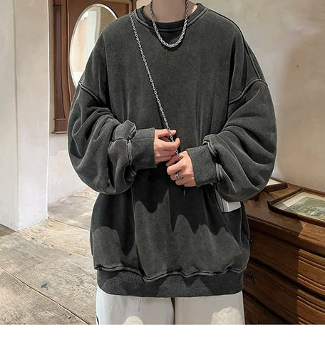 American Washed Old Pullovers Sweatshirts Loose Solid Color Large Size Warm O Neck Tops Hip Hop Y2k Sweatshirt