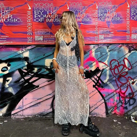 Lace Dresses y2k Sheer See Through Deep V Neck Hollow Out Bodycon Long Dresses Going Out Party Dresses