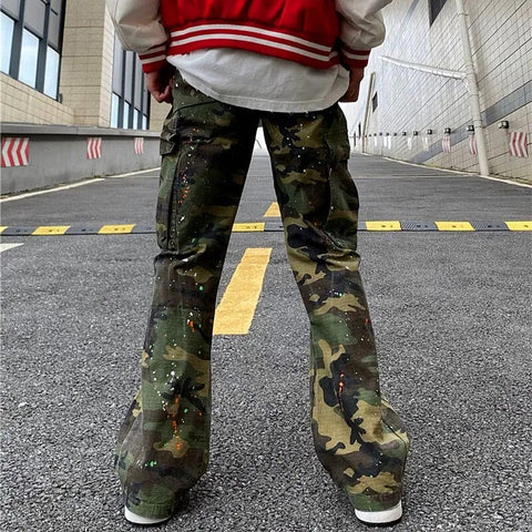 Y2K Ink Graffiti Baggy Tracksuit Cargo Flare Pants Joggers Camouflage Casual Long Trousers Ropa Hombre
