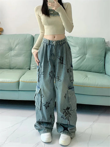 Graffiti Print Pattern Design Unisex Jeans Vintage Street Y2k Casual Denim Trousers FeHigh Waist Straight Pants