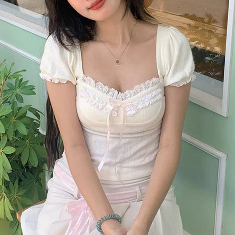 Voguable Cute Frill Lace Bow Decorate Top Puff Short Sleeve Square Collar T-shirts Y2K Aesthetic Tees Coquette