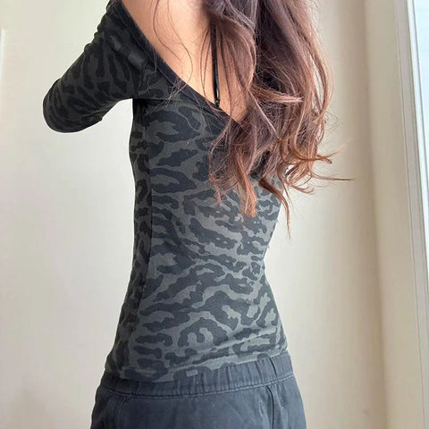 Leopard Print Black T Shirt Lace Patchwork Full Sleeve Tee y2k Chic Off-shoulder Cropped Top Vintage 2000s Clothing