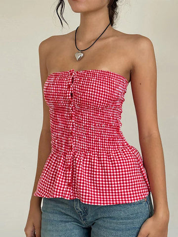Y2k Red Gingham Crop Top Womean Strapless Ruffle Hem Sleeveless Button Cami Coquette Aesthetic Plaid Print Crop Top Summer