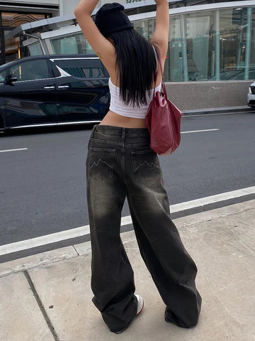Voguable Streetwear Jeans Harajuku Cargo Pants Y2K Casual Denim Distressed Straight Wide Leg Trousers FeKorean