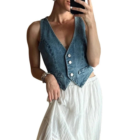 Denim Vest y2k Clothes V Neck Button Front Sleeveless Tank Tops Jean Waistcoat 2000s Clothes Streetwear
