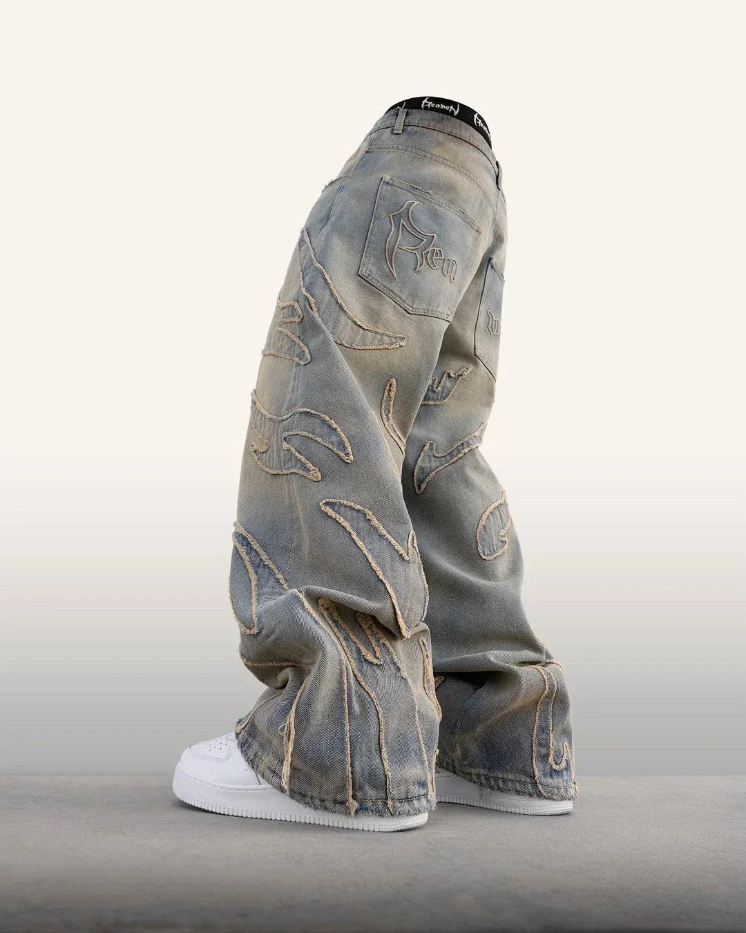 Vintage Raw Edge Embroidery Denim Pants Streetwear Distressed Patchwork Baggy Jeans for Y2k Straight Wide Leg Trousers