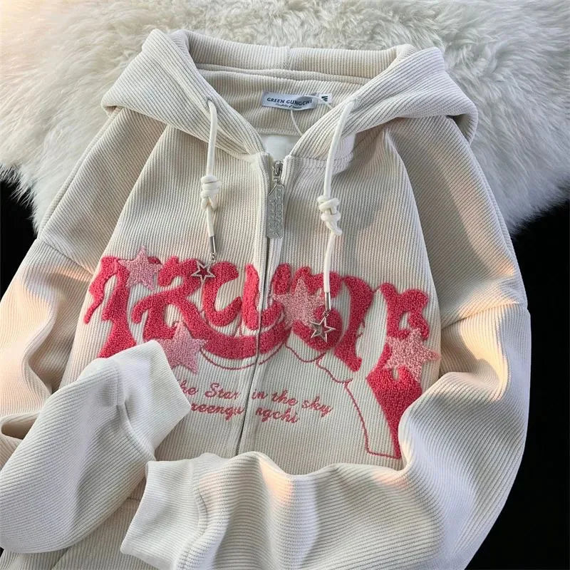 Y2k American Retro Embroidery Corduroy Coat Harajuku Thin Casual Preppy Loose Hoodie Cardigan Coat Trend
