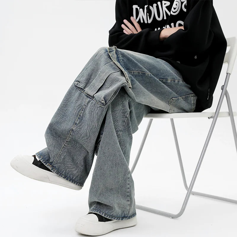Vintage Y2K Streetwear Cargo Jeans for Straight Wide Leg Pants Loose Casual Denim Trousers Hip Hop Harajuku