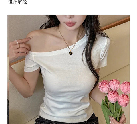 Solid Off Shoulder Short Sleeve T Shirt Simple Basic Single Sleeved Jumper Top Streetwear Slim Fit FeY2K Clothes Tees