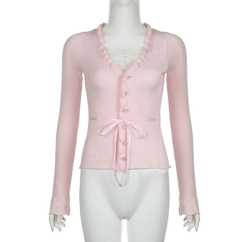 Fairycore Clothing Top y2k Ruffle Lace Patchwork Long Sleeve Knitted T Shirt 2000s Coquette Clothes Streetwear
