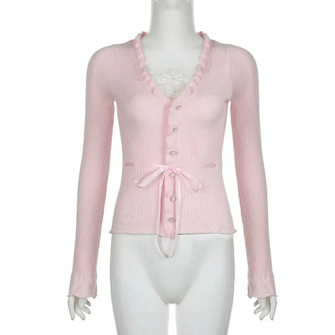 Fairycore Clothing Top y2k Ruffle Lace Patchwork Long Sleeve Knitted T Shirt 2000s Coquette Clothes Streetwear