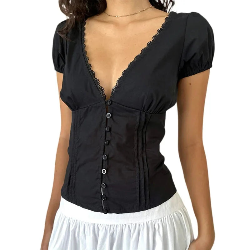 Coquette Shirt y2k Clothes Deep V Neck Lace Trim Single Breasted Short Sleeve Blouse Crop Top Club Streetwear