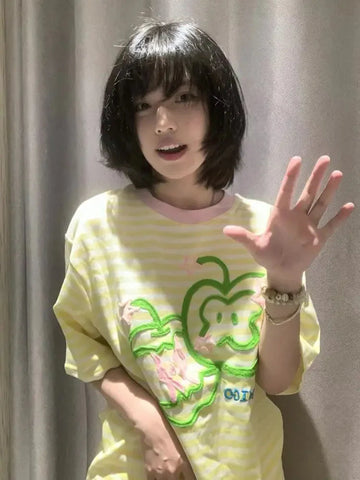Apple Embroidery T Shirt Korean Style Striped Short Sleeved T-shirts Y2k Clothes Gentle O Neck Tees Top