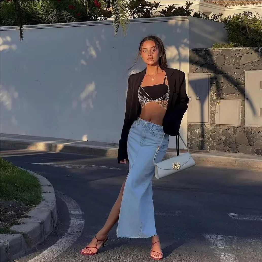 Fall Midi skirts vintage clothes y2k korean style skirts for blue jeans skirt high waisted denim skirt black front slit