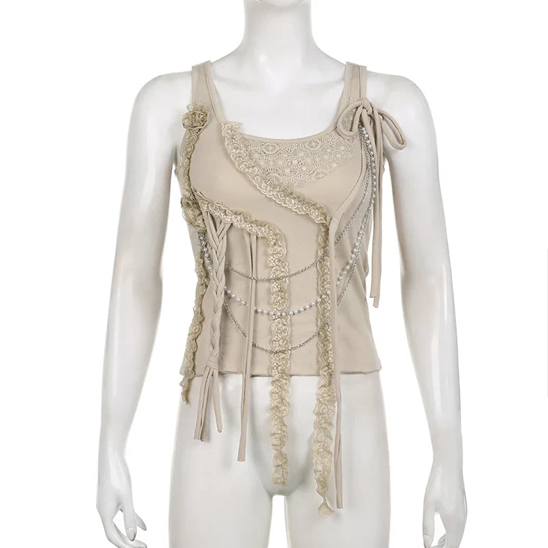 Voguable  Fairycore Lace Ruffle Pearl Chain Decorate Crop Top Coquette Sleeveless Tops Grunge 2000S Y2K Camis Cute Tank Tops