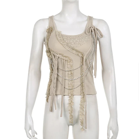 Voguable  Fairycore Lace Ruffle Pearl Chain Decorate Crop Top Coquette Sleeveless Tops Grunge 2000S Y2K Camis Cute Tank Tops